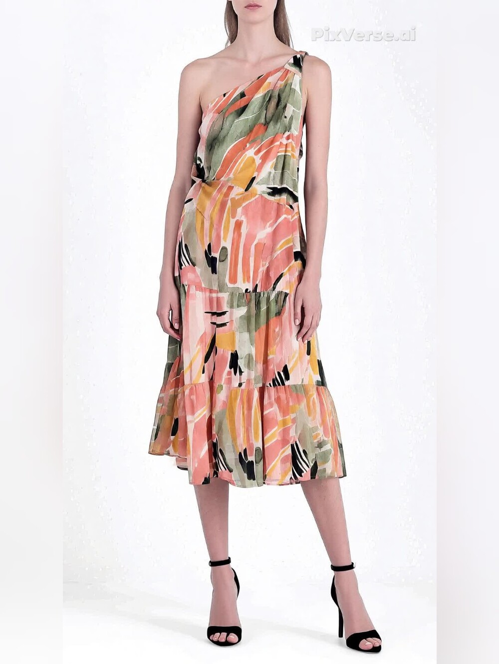 The Mint Abstract Watercolor Midi Dress in Coral and Olive